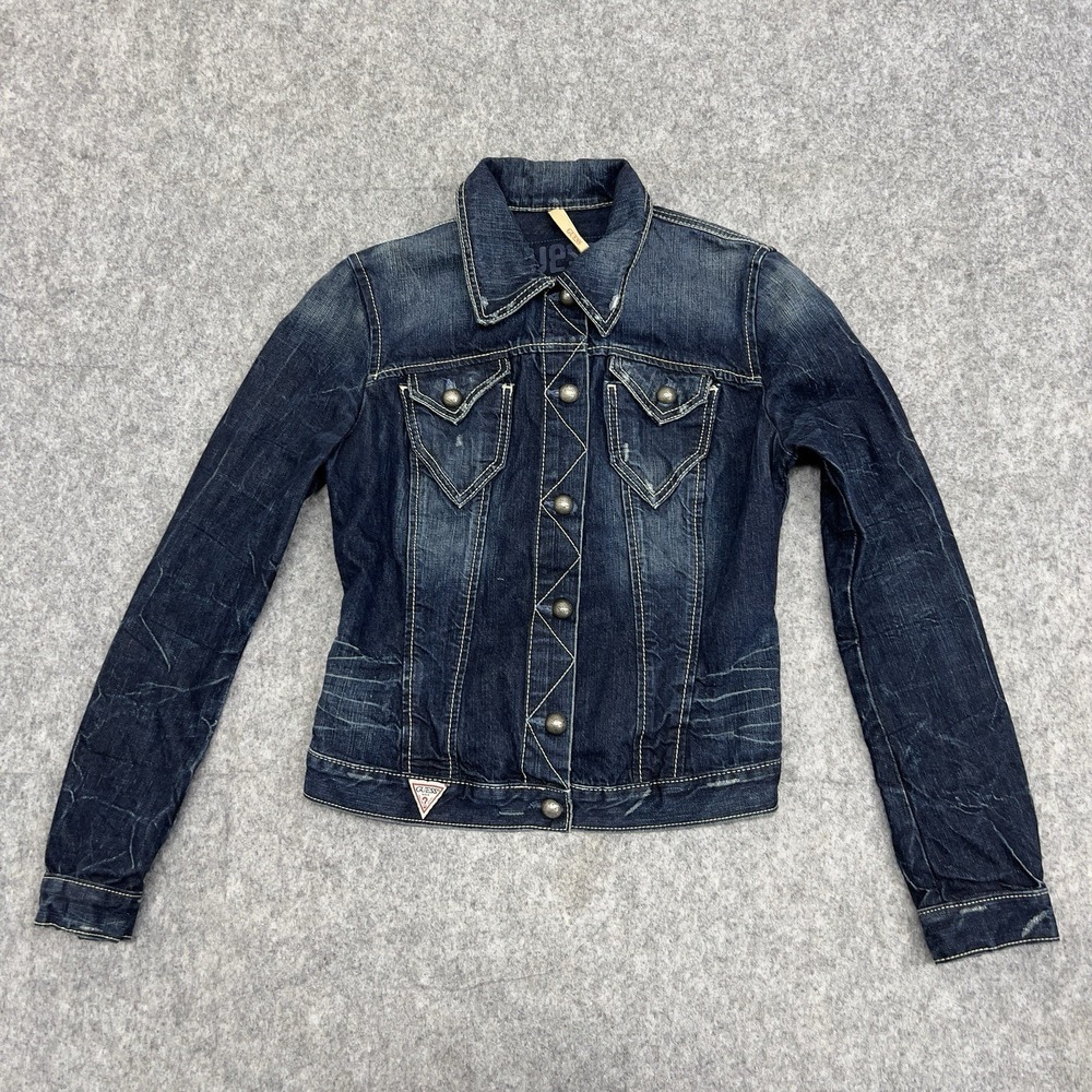 Guess Denim Jean Jacket Womens Large Blue Luxury Embroidered Casual Preppy